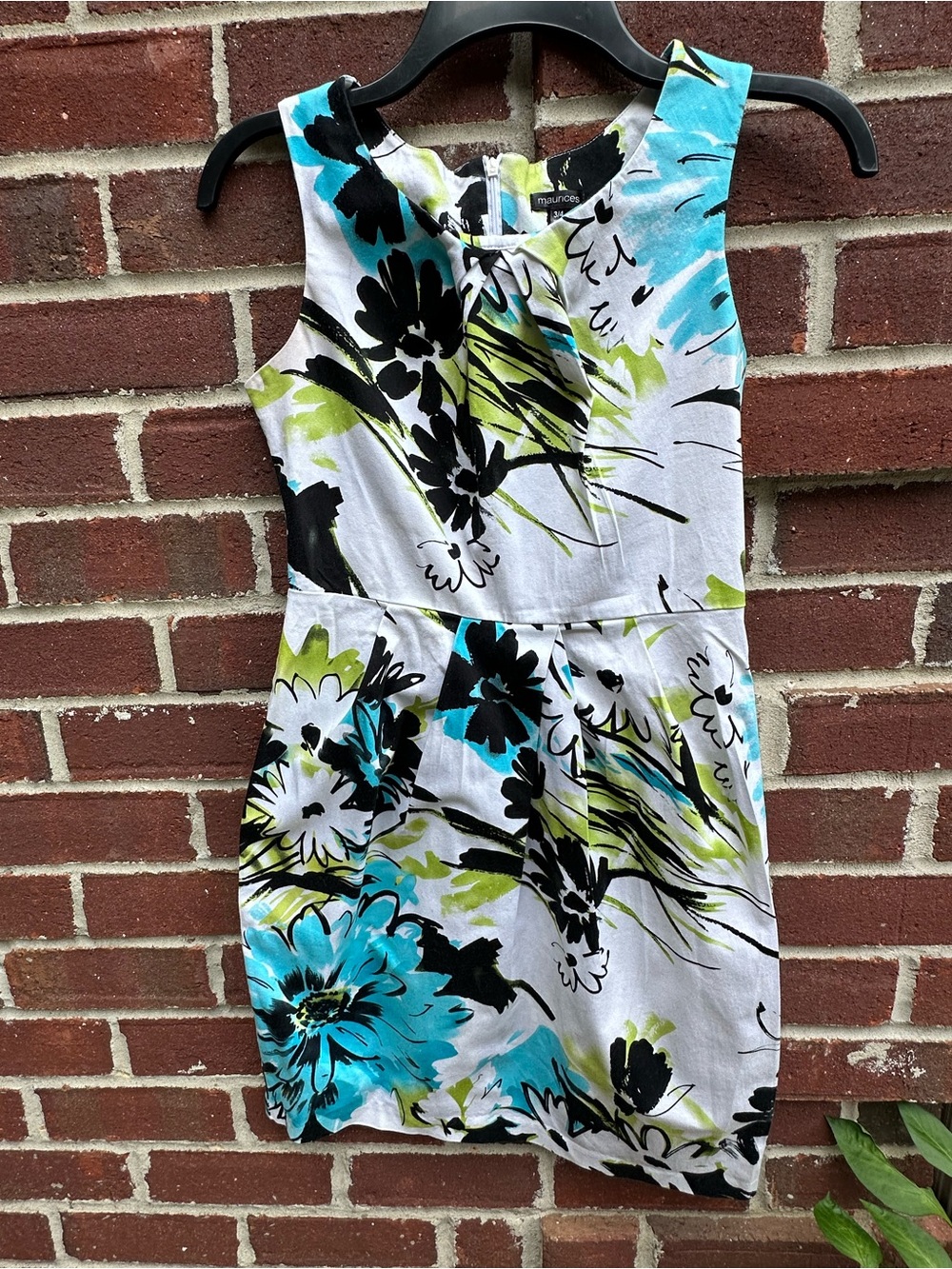 Maurices White Mini Dress with Teal, Lime & Black Floral Print Size 3/4